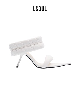 LSOUL 白色尖头露趾猫跟凉拖女夏季时尚百搭性感高跟鞋
