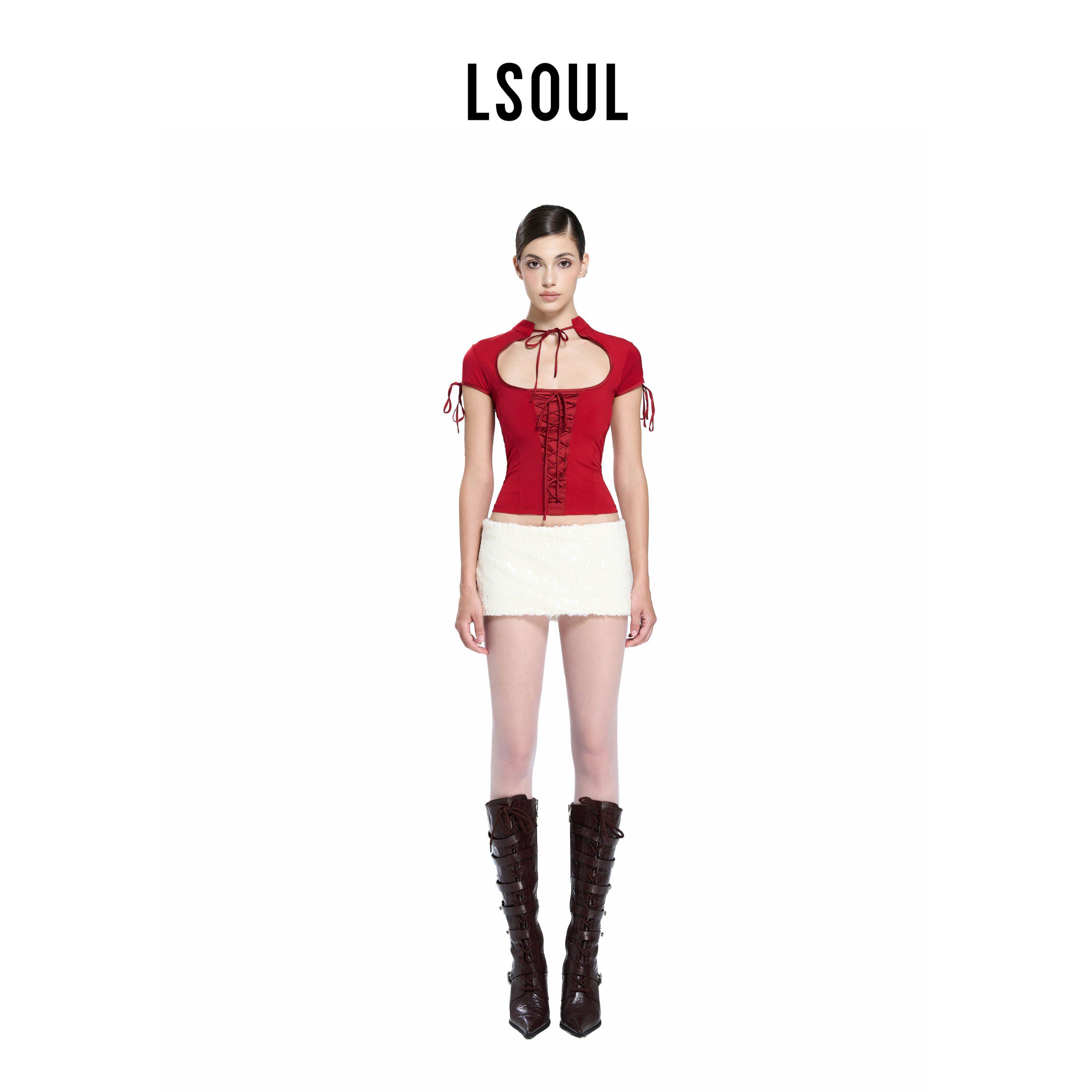 LSOUL Chica Top 红色蕾丝衫时尚系带短袖低领修身短款上装