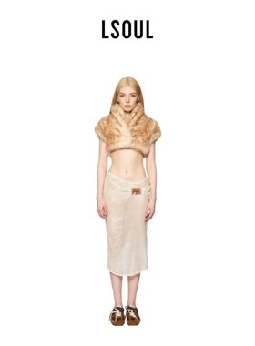 LSOUL 复古甜心风皮草女气质保暖披肩亮片高腰开衩中长半身裙套装