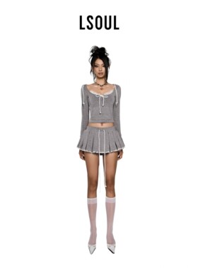 【赵美延同款】LSOUL miu系蕾丝花边拼接套装女灰色短裙库两件套