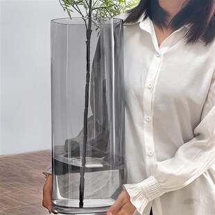 特大号落地花瓶玻璃透明大号超大高款超高高身高筒大型灰色烟灰色