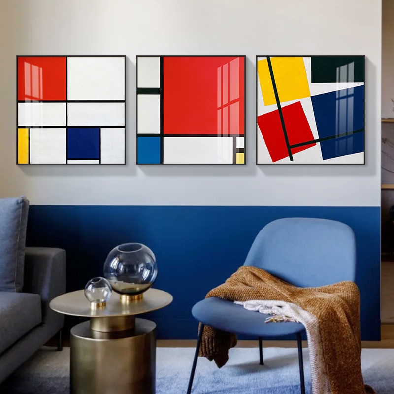高级感几何装饰画蒙德里安红黄蓝色块客厅壁画组合沙发背景墙挂画
