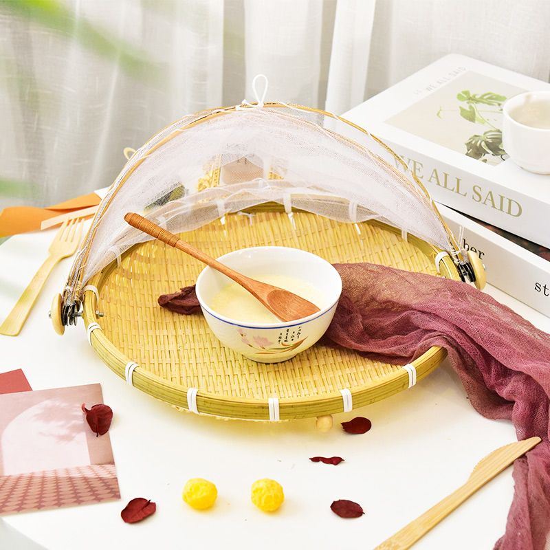 家用竹编制品带网罩防蝇竹篮馒头筐水果篮收纳筐簸箕有盖晾晒托盘