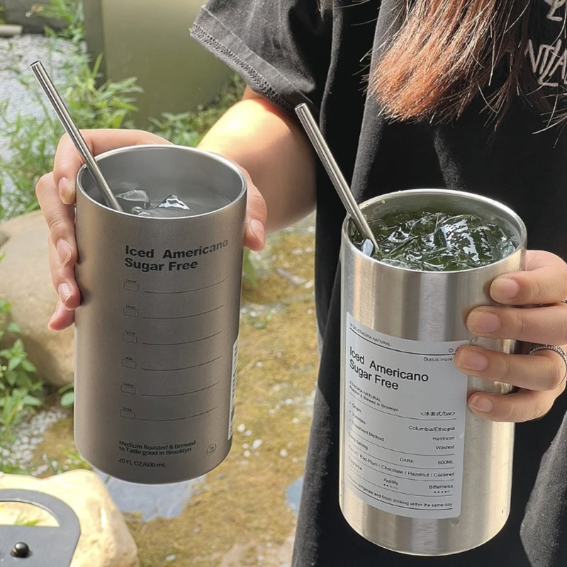 美式保温杯304不锈钢咖啡杯随行杯情侣杯子高颜值水杯带吸管双层A