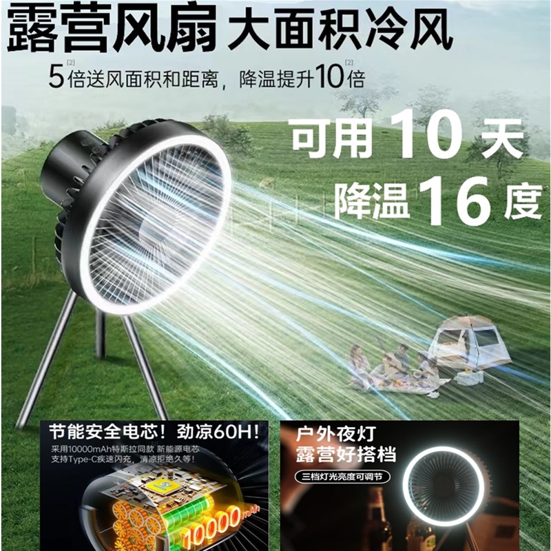 户外露营风扇充电款超长续航可携式带照明灯移动野营电风扇帐篷吊