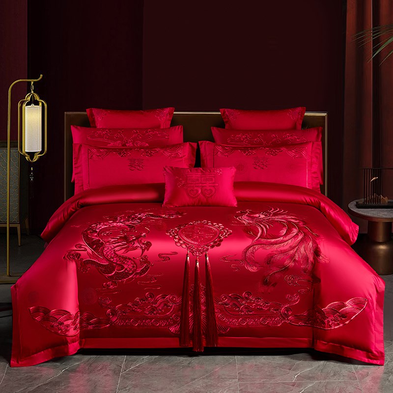 120支长绒棉婚庆四件套全棉刺绣纯棉大红色婚房龙凤结婚床上用品4