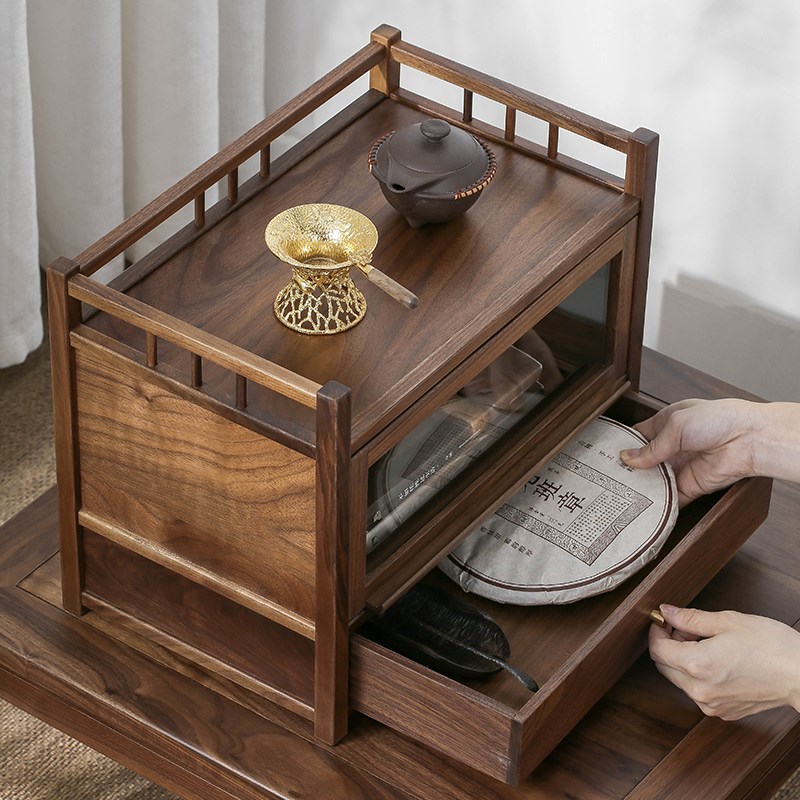 黑胡桃实木收纳柜客厅茶桌台面置物柜简约中式防尘高档茶室茶具架