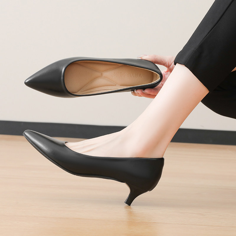 商务礼仪职业工装鞋黑色尖头高跟鞋低跟不累脚工作鞋空姐面试女鞋