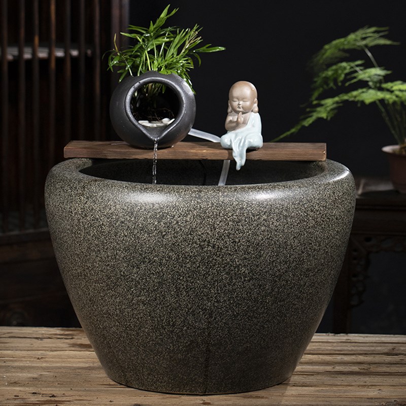 大型陶瓷流水喷泉鱼缸陶罐水循环造景古法鱼缸客厅阳台落地大水缸