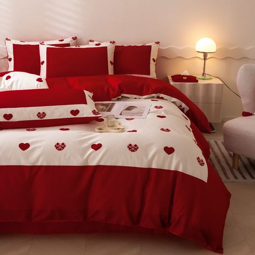 100支长绒棉结婚四件套全棉纯棉床单小爱心印花被套婚庆床上用品4