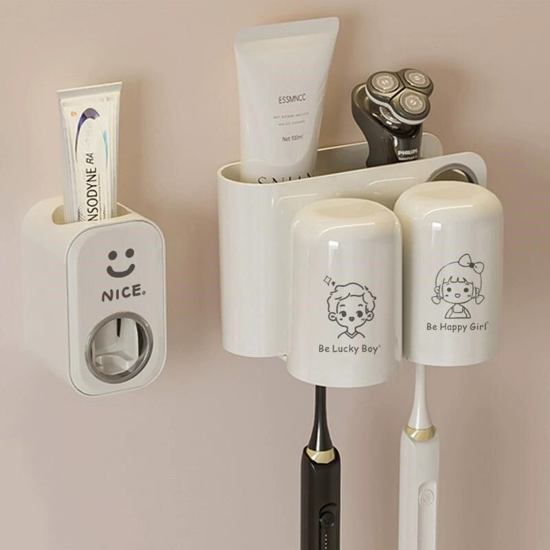 卫生间情侣双人牙刷置物架电动免打孔壁挂式儿童漱口杯男女孩套装