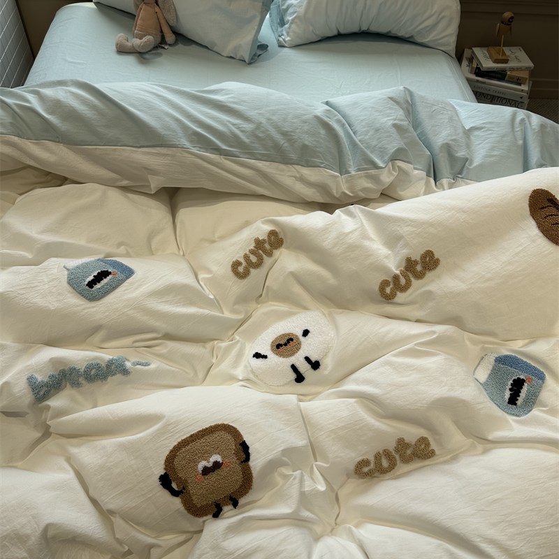 奶fufu~毛巾绣面包牛奶床上四件套全纯棉1.5m1.8米公寓被套三件套