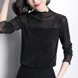 女洋气小衫 网纱打底衫 内搭亮丝半高领黑色T恤上 新i款 2024秋季