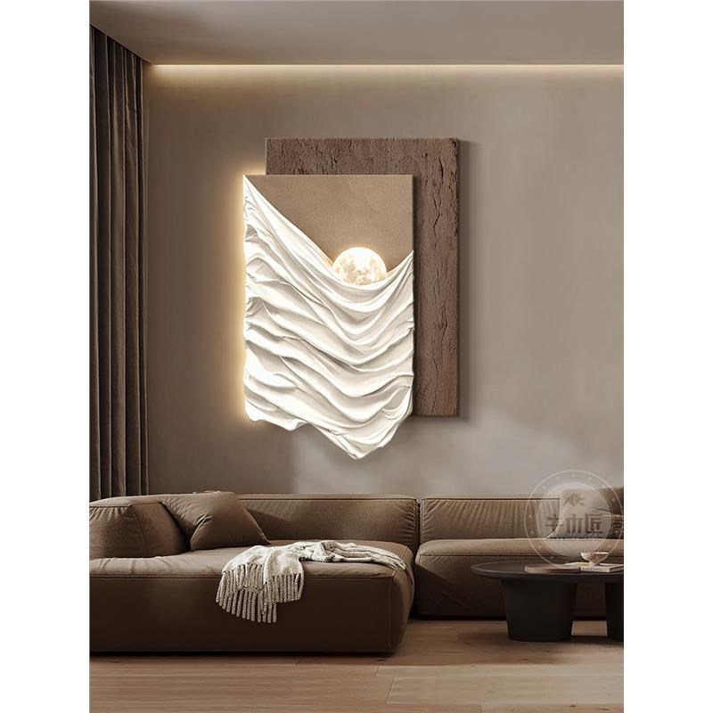 侘寂风客厅装饰画月球极简沙发背景墙挂画高级感立体卧室壁画灯画