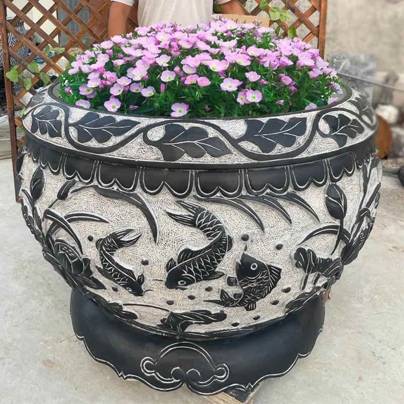 石雕鱼缸花盆门海古色古香天u然青石水箱庭院莲花水箱流水花鱼塘