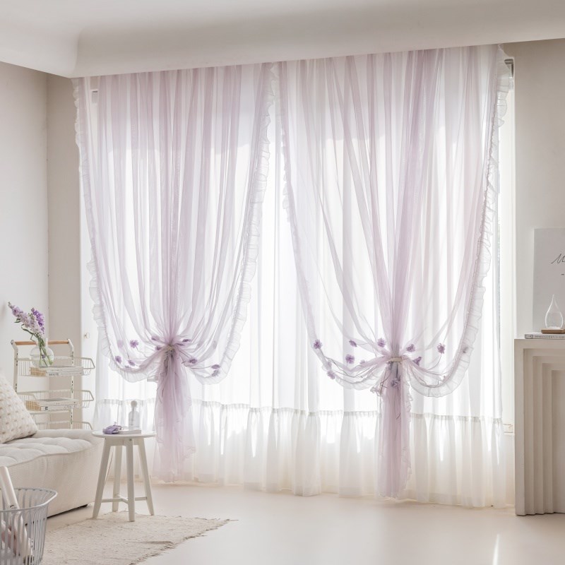 新款韩式紫色玫瑰绣花纱帘双层纱透光不透人窗纱卧室客厅飘窗帘