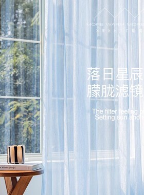 2024新款梦幻浅淡天蓝色流w金纱窗帘纱薄阳台客厅酒店透光沙高级