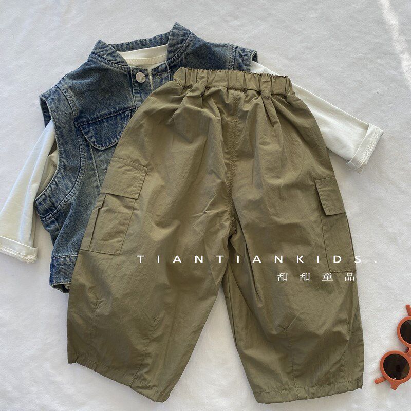 【我是小童】韩版宽松贴标工装裤男童春款女宝百搭纯色收口直筒裤