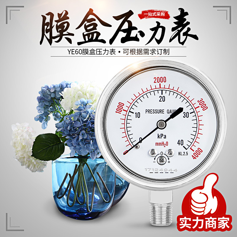 YE60膜盒压力表带调零不锈钢壳60mm微压千帕天然气表 2.5 4 10KPA