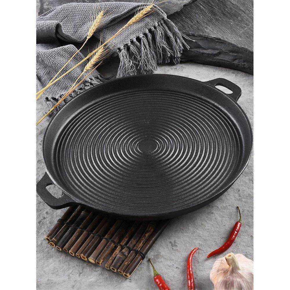 弘朗大号铸铁平底锅加厚条纹生铁煎烙饼烤肉盘家用不粘无涂层煎锅