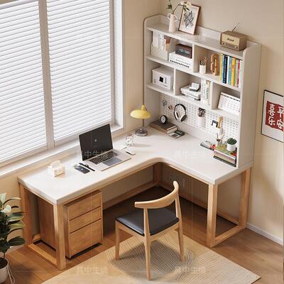 实木转角书桌书架All桌家用L型学习桌卧室拐角洞洞板书桌