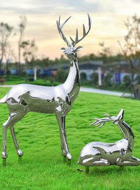 水景镜不锈钢鹿雕塑户外景观公园绿地金属动物雕塑销售办公摆件