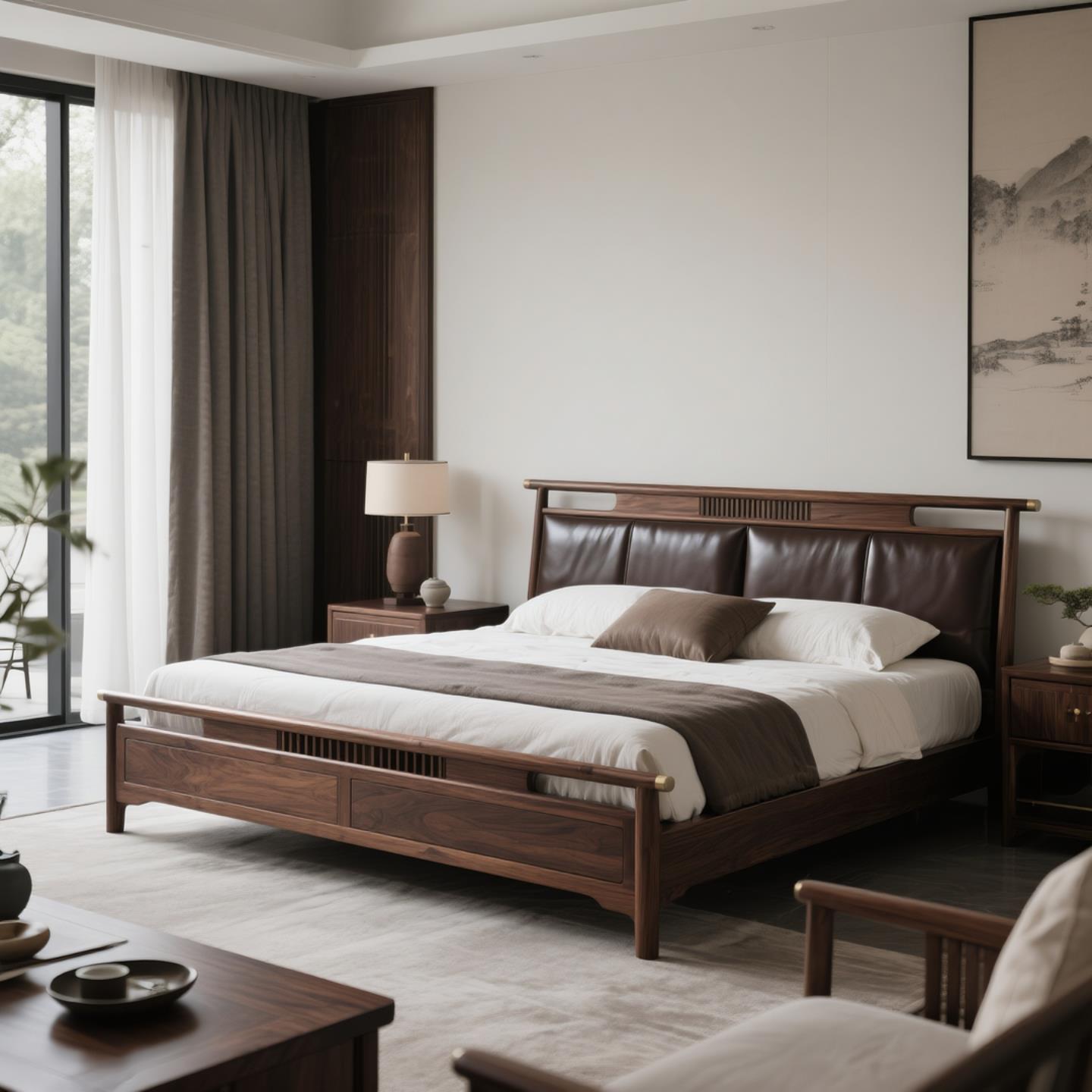 新中式北美黑胡桃木床实木床宋氏美学卧室双人床婚床真皮高级定制 - 封面