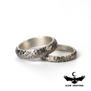 SlowCrafting纯手工925银戒指锤纹泥鳅背情侣对戒闭口尾戒男女款