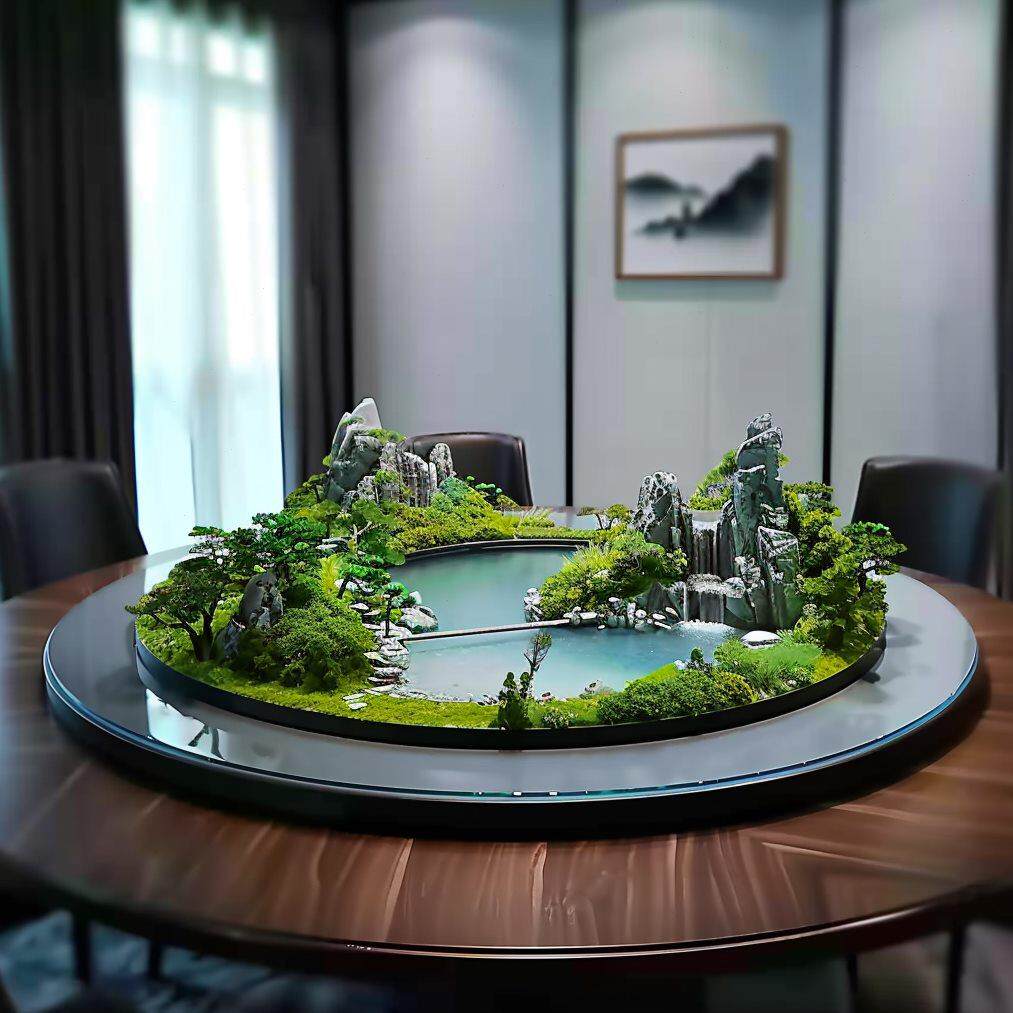 圆桌中间摆件苔藓沙盘工艺品包厢包间水景转盘花艺餐桌电动摆花