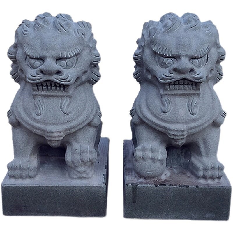 石雕招财石狮子一对看门镇宅青石摆件中式景观装饰家用庭院门镇墓