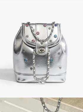 UR银色钻石双肩包包女夏2024新款潮时尚学生背包小香风链条水桶包