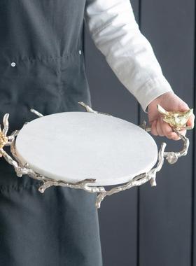 AB印度进口手工锤纹铝制品金枝鸟大理石托盘轻奢果盘桌面摆件饰品