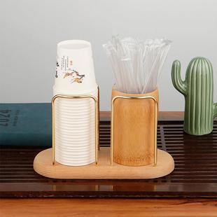 实木铁艺纸杯吸管架榉木桌面取杯器竹制收纳筒一次性水杯塑料杯架