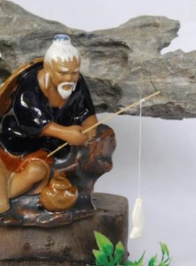 姜太公坐翁假山盆景鱼缸造景陶瓷人物小摆件渔夫钓鱼装饰石湾工艺