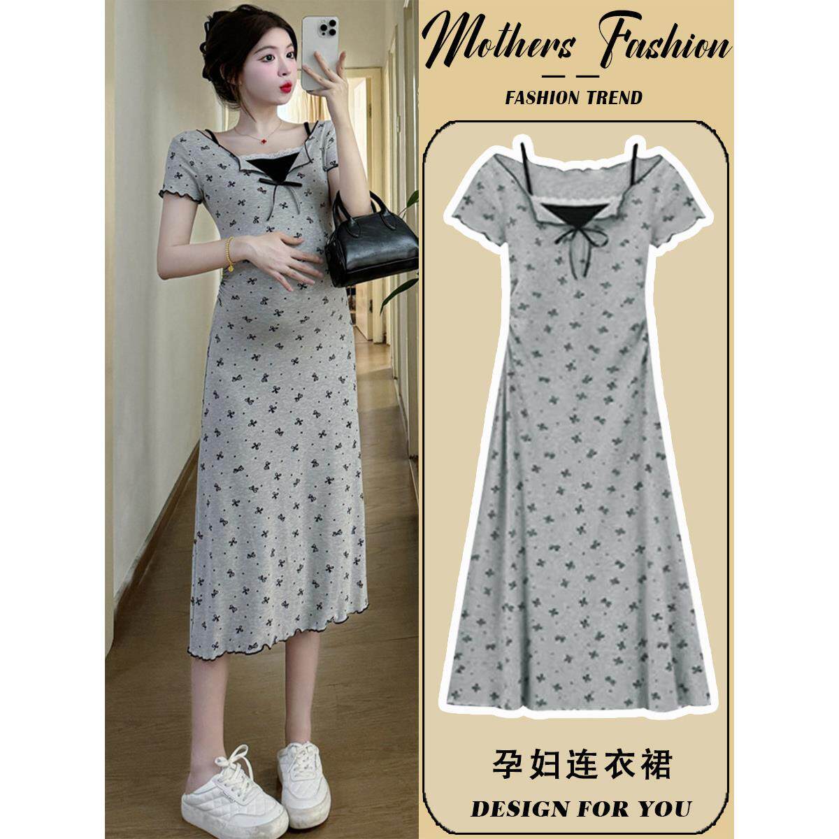 孕妇装短袖薄假两件套冰丝针织覆盖腹部减少年龄灰色2025新夏季热