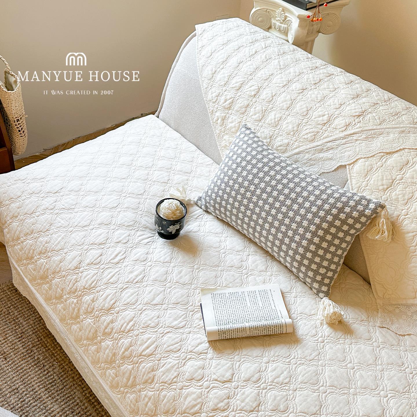 蔓越家 纯棉水洗棉 中古客厅沙发垫绣花沙发套罩靠背巾坐垫盖布