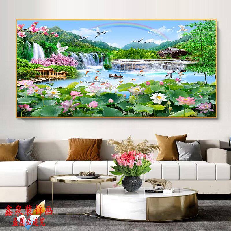 新中式客厅沙发背景墙装饰画自然山水风景画横幅有画框挂画晶瓷画