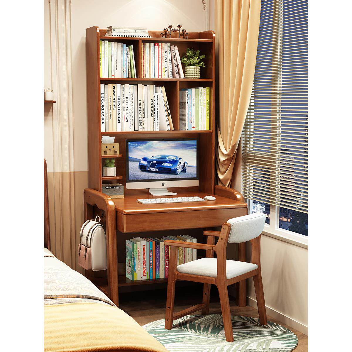 北欧实木书桌书架一体桌学生家用升降写字台小户型卧室单人电脑桌