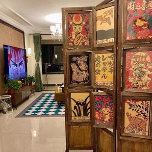 覆古屏风隔断实木中古小型客厅遮挡可移动旋转相框折叠玄关装饰墙