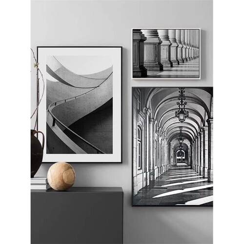 集雅艺术品现代工业风黑白建筑落地玄关装饰画客厅卧室覆古风挂画