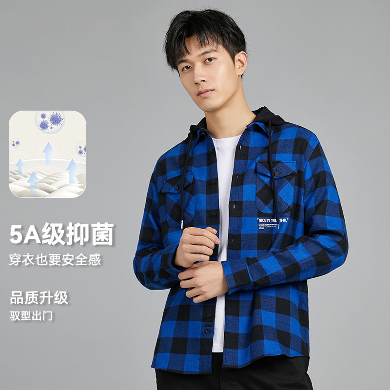 剪标休闲时尚连帽格子衬衫