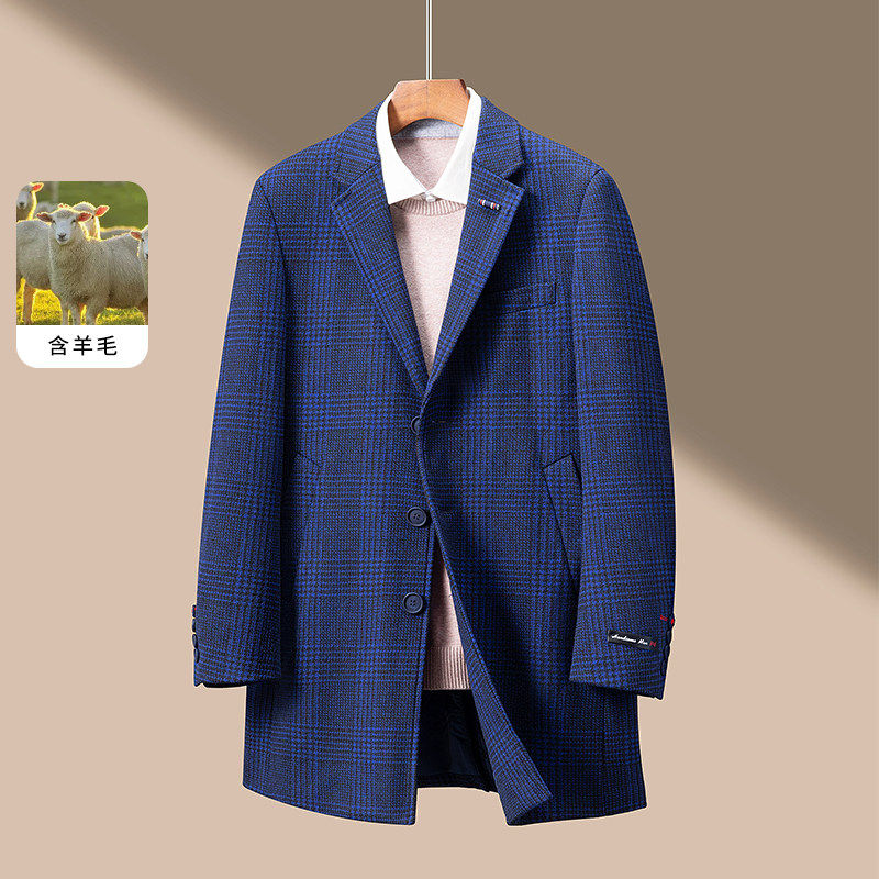 大牌撤柜时尚气质高级感藏青格纹羊毛中长款男士毛呢大衣外套上衣