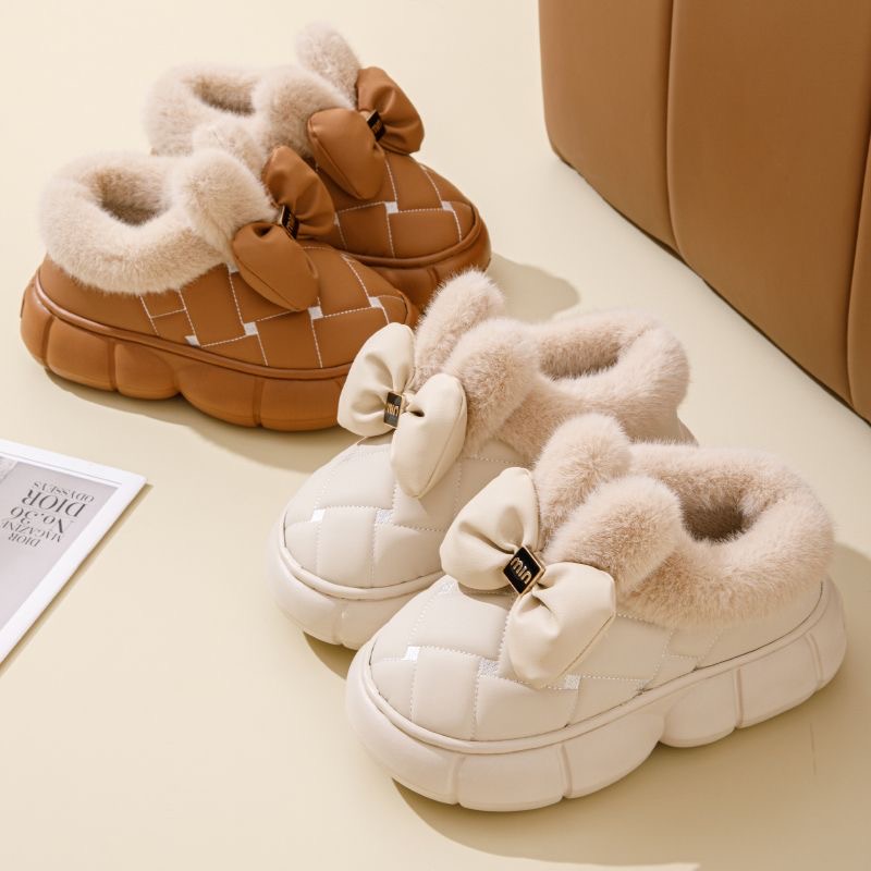 厚底包跟棉拖鞋女冬季新款时尚蝴蝶结加绒保暖PU皮防水雪地靴外穿