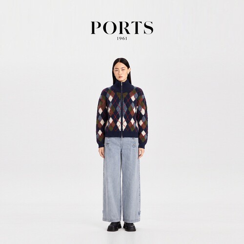 PORTS1961女士撞色菱格针织开衫