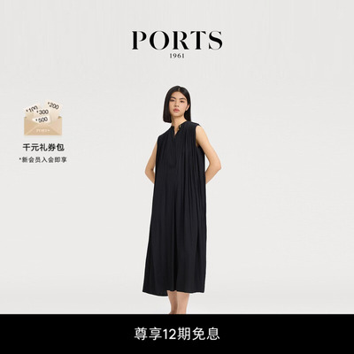 【新品】PORTS 1961春季女士金属绳结扣宽松V领无袖百褶连衣裙