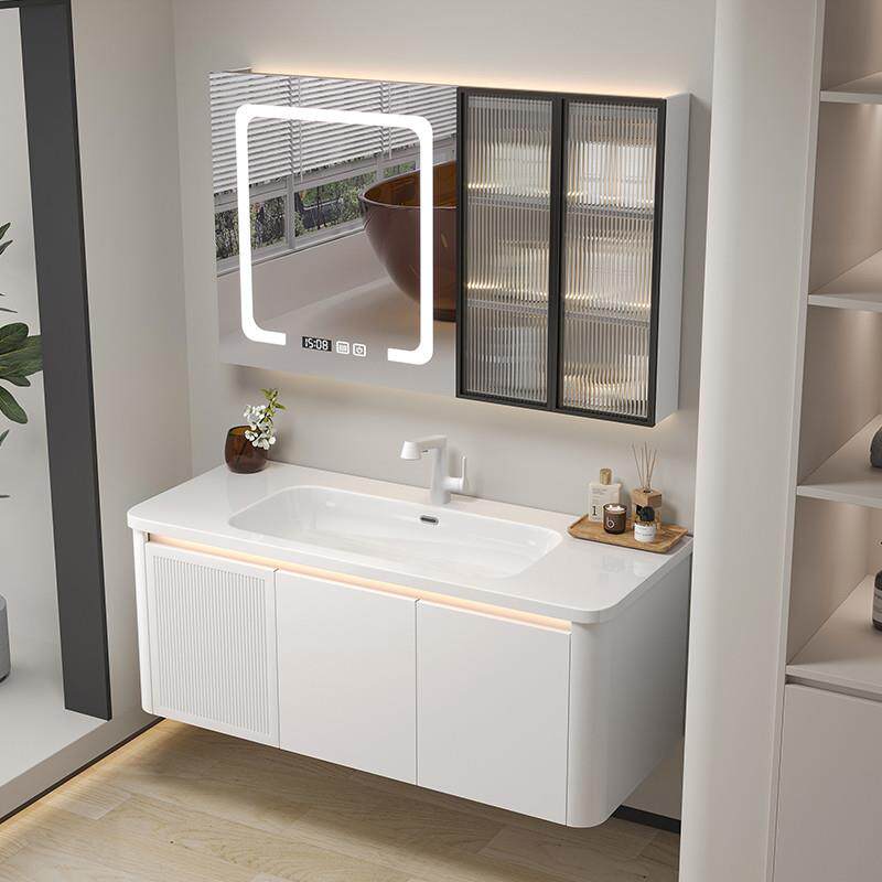 304不锈钢烤漆蜂窝铝圆角浴室柜一体陶瓷盆洗手洗脸面盆智能镜柜