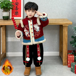男童加绒汉服冬季国风古装女童夹棉唐装新中式加厚儿童拜年服套装