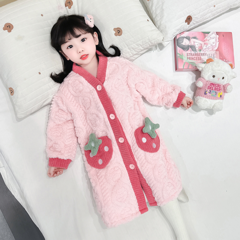 女童睡袍秋冬季儿童珊瑚绒睡衣睡裙宝宝加厚法兰绒女孩家居服浴袍