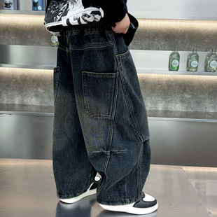 男童牛仔裤春秋冬季2026新款宽松时髦儿童直筒裤洋气宝宝弯刀裤