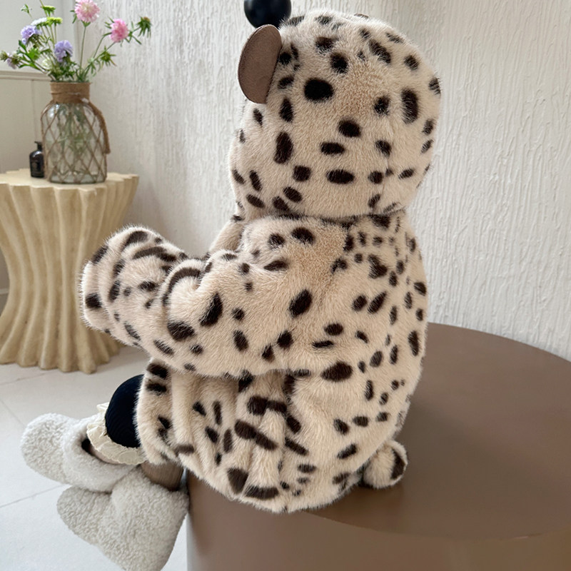 女童加绒外套冬季2025新款儿童连帽豹纹毛毛衣夹棉加厚冬装仿皮草